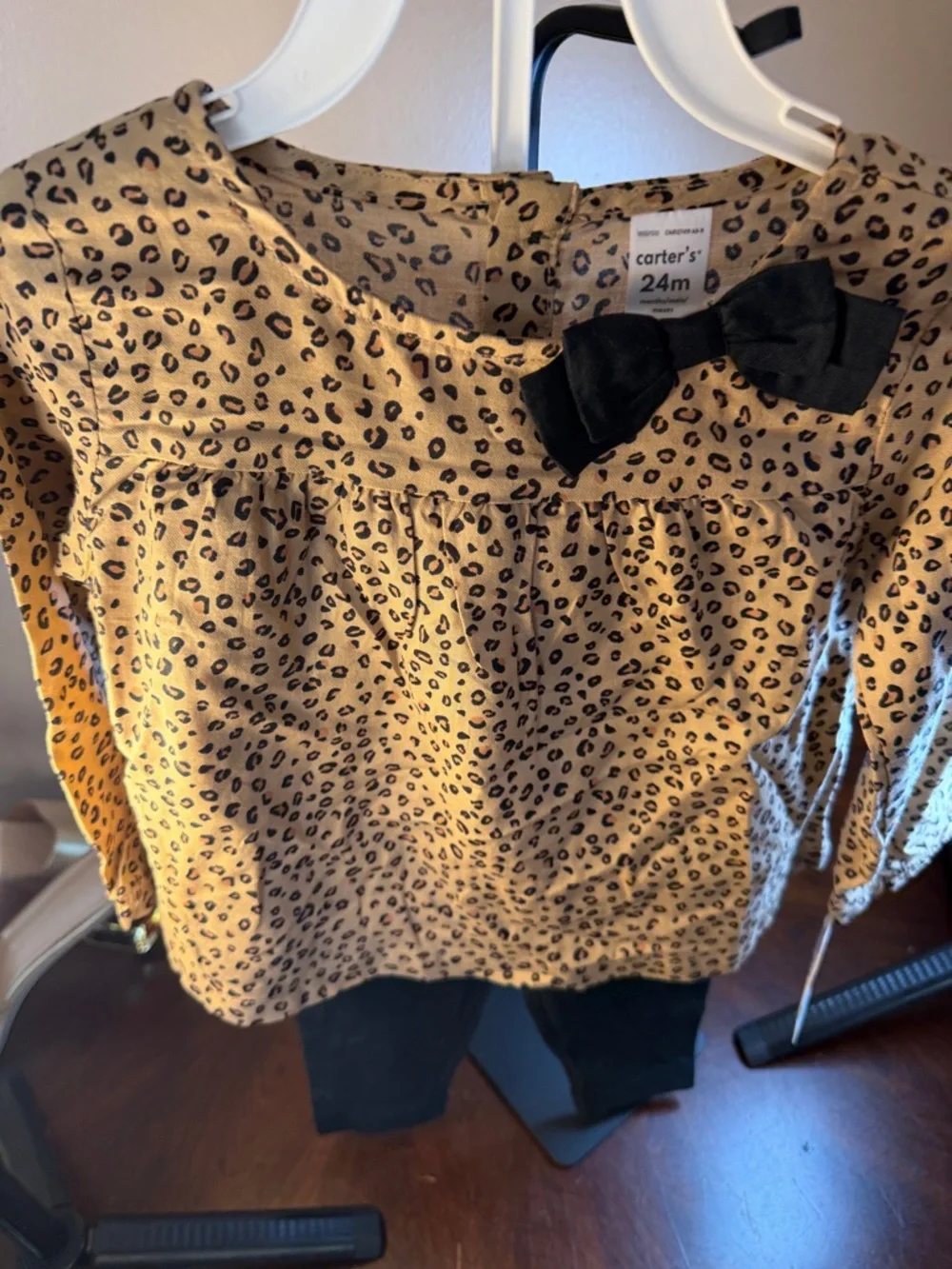 Carter's Tan Leopard Print Long Sleeve Top with‎ Navy Bow Accent